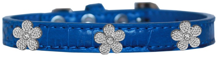 Silver Flower Widget Croc Dog Collar Blue Size 14